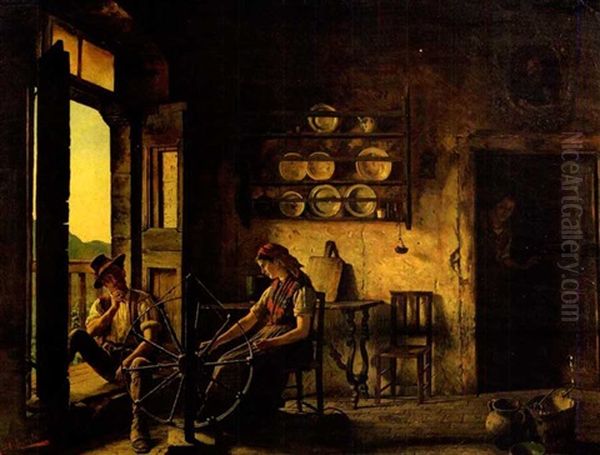 Young Couple Seated Beside A Spinning Wheel Oil Painting by Achille Glisenti