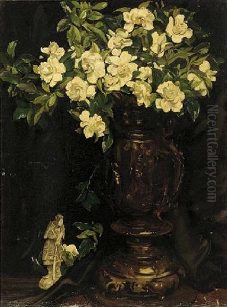 Flowers In A Chinese Vase, With An Ivory Figure On A Table Oil Painting by Isabel Lilian Gloag