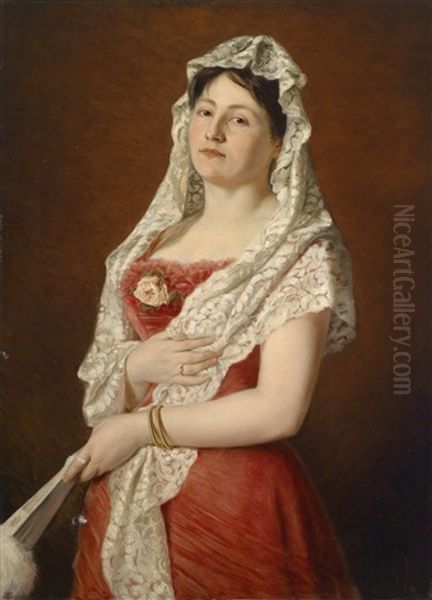 Bildnis Einer Dame Mit Weiser Spitzenmantille Und Facher Oil Painting by Ludwig Gloss