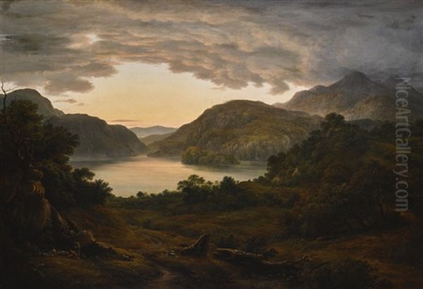 View Of Ullswater From Gowbarrow Fell - Evening Oil Painting by John Glover