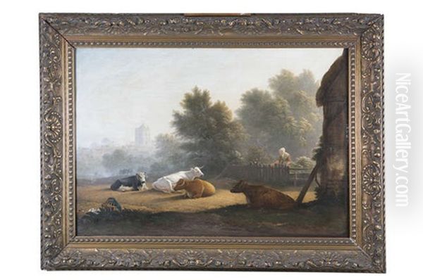 Figures By A Farmstead With Cattle Resting In The Foreground Oil Painting by John Glover