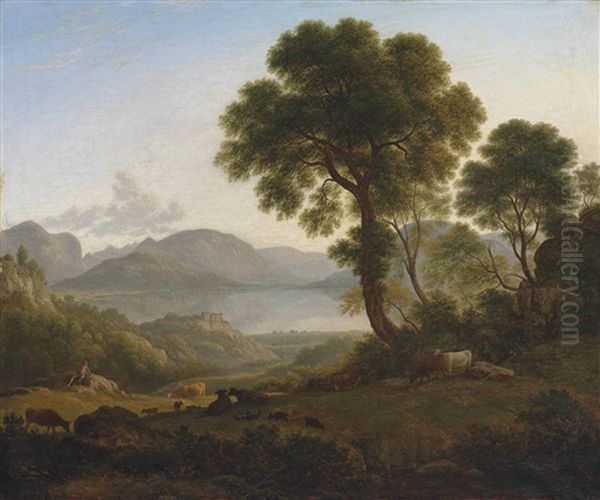 A Lake Landscape With A Shepherd, Cattle And Goats In The Foreground Oil Painting by John Glover