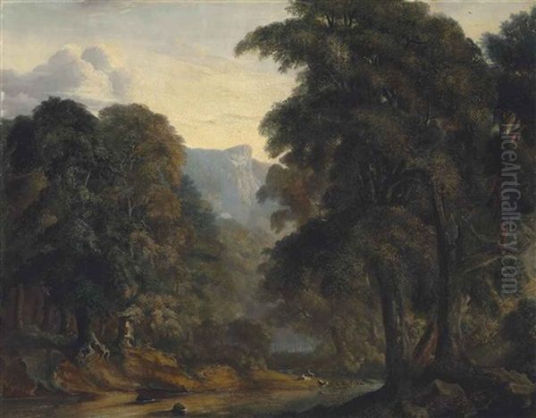 An Extensive Wooded River Landscape, With Deer And Goats Watering By A Riverbank Oil Painting by John Glover