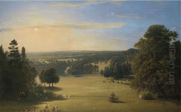 View From Lord Northwick's Villa At Harrow On The Hill, With Gardeners And Other Figures In The Foreground And London In The Distance Oil Painting by John Glover