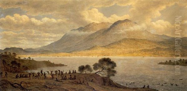 Mount Wellington And Hobart Town From Kangaroo Point; These Natives Danced At The Request Of The Artist Oil Painting by John Glover