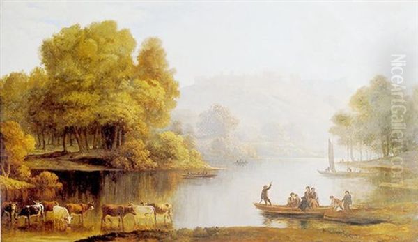 Cattle And Ferry On The Thames, Windsor Castle Beyond Oil Painting by John Glover