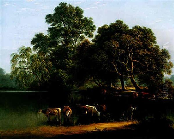 Farmers With Their Cattle Resting In A Lake Oil Painting by John Glover