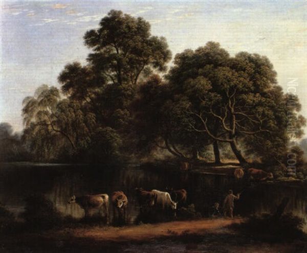 Early Morning, Anglers At A Wooded River Bank With Cattle Watering Oil Painting by John Glover