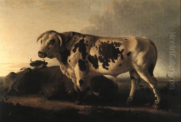 A Short-horn Bull And Cattle On Blackheath Oil Painting by John Glover