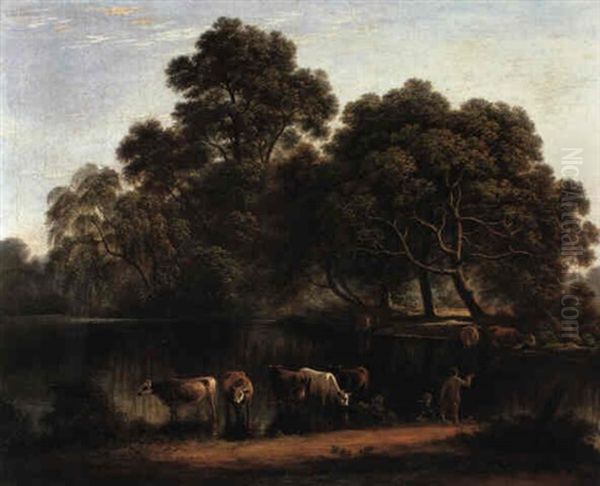 Early Morning, Anglers At A Wooded River Bank With Cattle Watering Oil Painting by John Glover