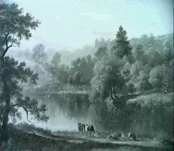 Cattle Watering On The Banks Of A River In A Hilly Landscape Oil Painting by John Glover