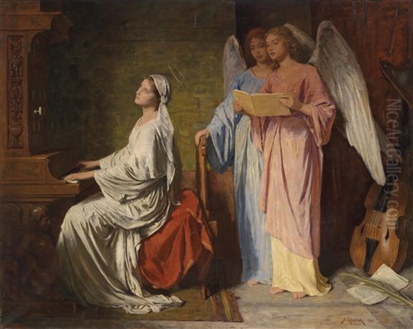 St. Cecilia Playing Accompanied By Angels Oil Painting by Simon Gluecklich