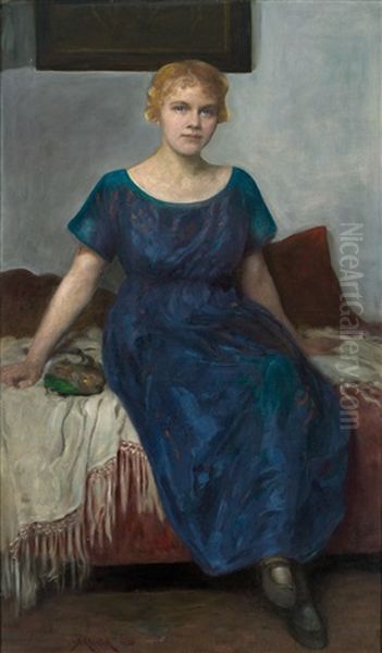 Ganzfigurliches Portrait Einer Jungen Blonden Frau Im Blauen Kleid, Auf Einem Sofa Oil Painting by Simon Gluecklich