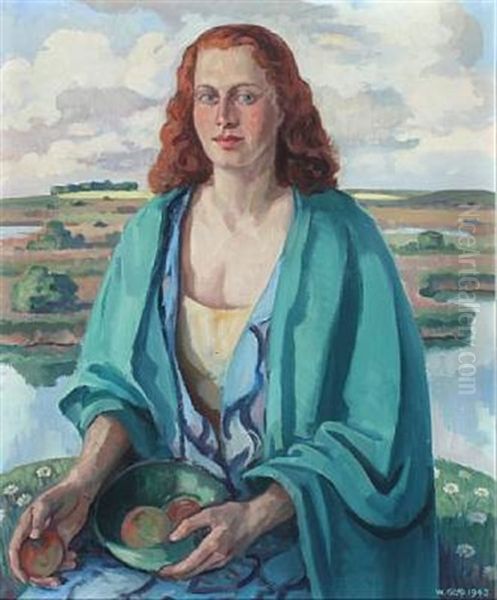 Woman With Fruit Basket In A Landscape Oil Painting by Wilfred Glud