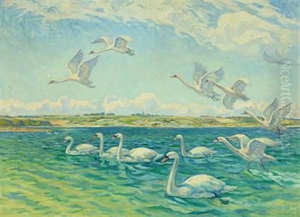 Inlet With Swans Oil Painting by Wilfred Glud