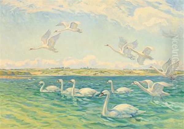 A Flock Of Swans At A Larger Lake Oil Painting by Wilfred Glud