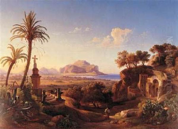 Figures Before A Shrine With A View Of Palermo Beyond Oil Painting by Johann Georg Gmelin