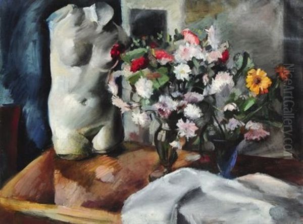 Stilleben Mit Frauentorso Und Zwei Blumenstrausen (+ Familienbildnis, Verso) Oil Painting by Kurt-Fritz Gnewikow