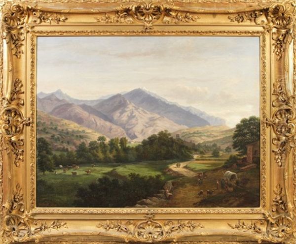 Paysage Alpin Avec Troupeau, Personnages Et Charrette Dans Une Vallee Oil Painting by Gaspard Gobaut