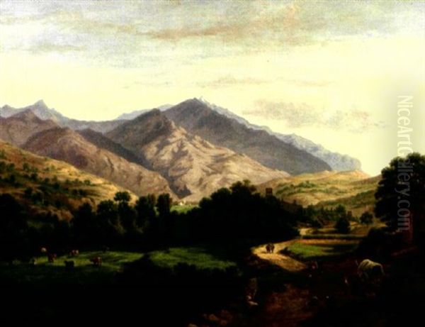 Paysage Alpin Avec Troupeau, Personnages Et Charrette Dans Une Vallee Oil Painting by Gaspard Gobaut