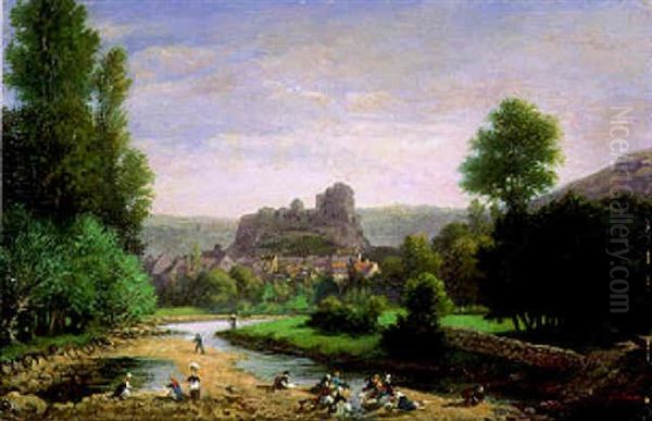 Waescherinnen Am Fluss Vor Einer Schlossruine Oil Painting by Gaspard Gobaut