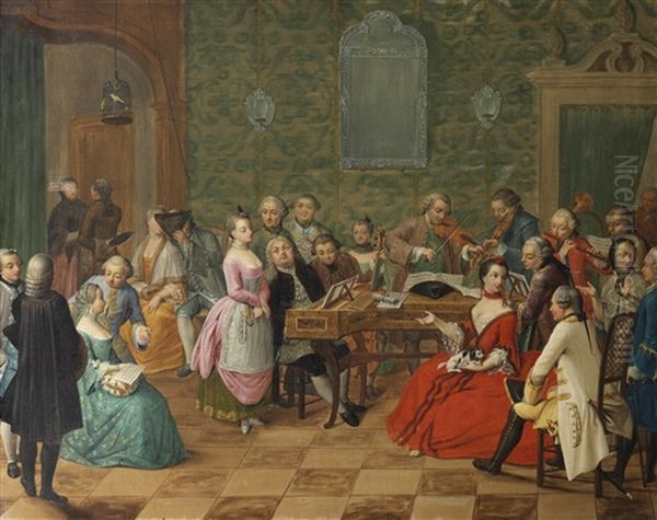 A Music Party In The Interior Of A Palazzo (+ Masked Figures Gaming And Dancing In A Venetian Casino; Pair) Oil Painting by Giuseppe De Gobbis