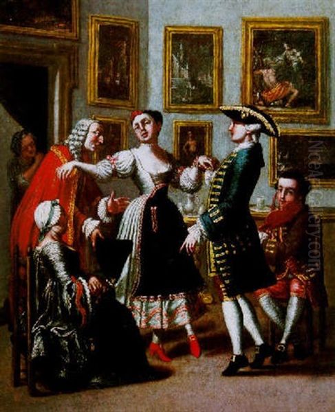 An Elegant Company In An Interior Oil Painting by Giuseppe De Gobbis