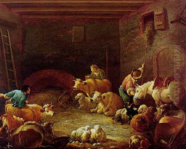 Interior Of A Barn With Peasants And Animals Oil Painting by Giuseppe De Gobbis