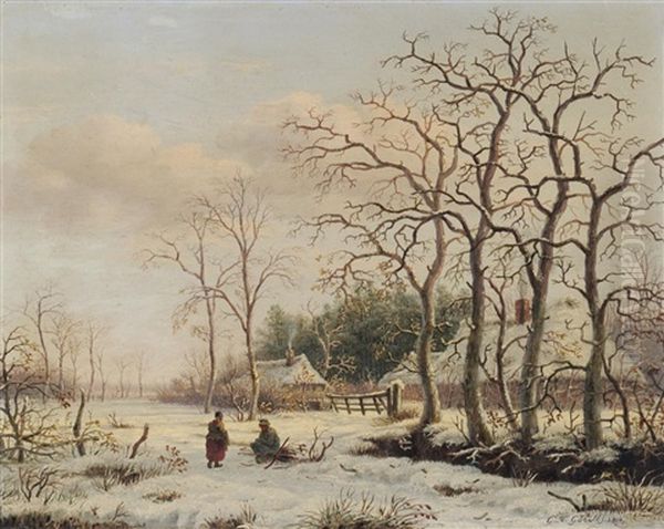 Faggot Gatherers In A Winter Landscape Oil Painting by Gerrit Hendrik Gobell