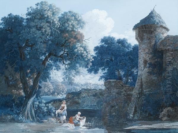 Washerwomen At A Stream Before A Chateau, Within A Painted Border Oil Painting by Louis, Baron Bacler D Albe