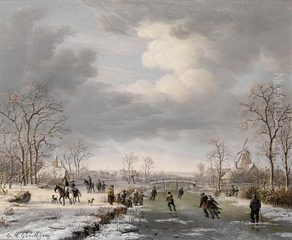 Skating On The Outskirts Of A Village In Winter Oil Painting by Gerrit Hendrik Gobell