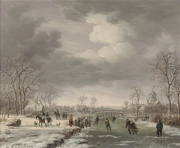 Skating On The Outskirts Of A Village In Winter Oil Painting by Gerrit Hendrik Gobell