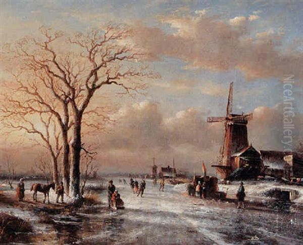 Winter Scene With Figures Enjoying Themselves On The Ice Oil Painting by Gerrit Hendrik Gobell