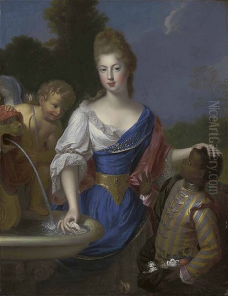 Portrait Of A Lady, Traditionally Identified As Louise Bernardine De Durfort, Duchess Of Duras, With Cupid And A Page, By A Fountain Oil Painting by Pierre Gobert