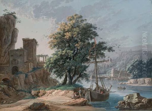 Un Bateau Amarre Sur Le Rivage Pres D'un Arbre, Des Bateaux Et Un Village I L'arriere-plan Oil Painting by Louis, Baron Bacler D Albe