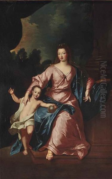 Portrait De Madame Francoise-marie De Bourbon (1677-1749) Avec Son Fils Louis (1703-1752), Futur Duc D'orleans Oil Painting by Pierre Gobert