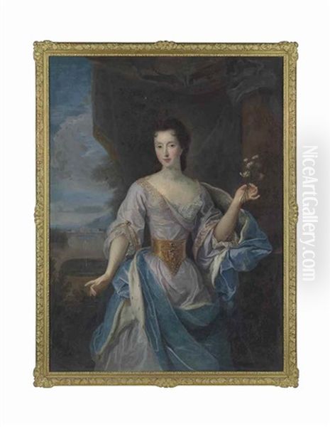 Portrait Of A Lady, Three-quarter-length, In A Blue Dress And An Ermine-lined Blue Cloak, A Villa Beyond Oil Painting by Pierre Gobert