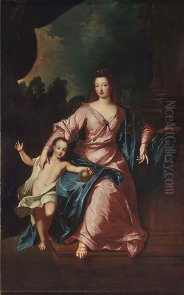 Portrait De Madame Francoise-marie De Bourbon (1677-1749) Avec Son Fils Oil Painting by Pierre Gobert