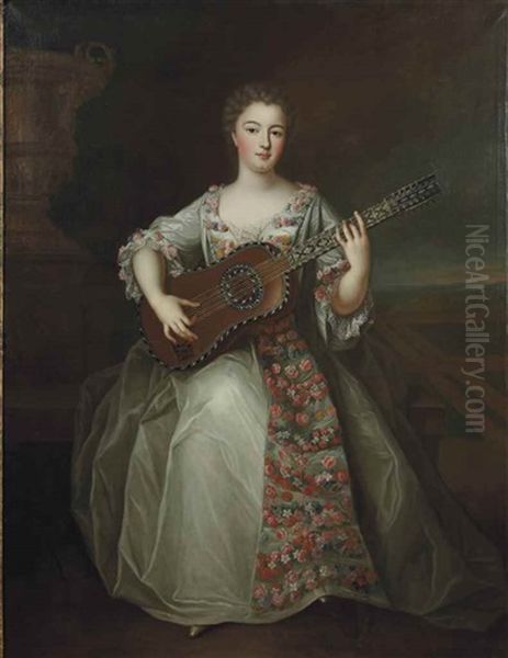 Portrait Presume De Madame De Charolais (1695-1758), Pincant De La Guitare Oil Painting by Pierre Gobert