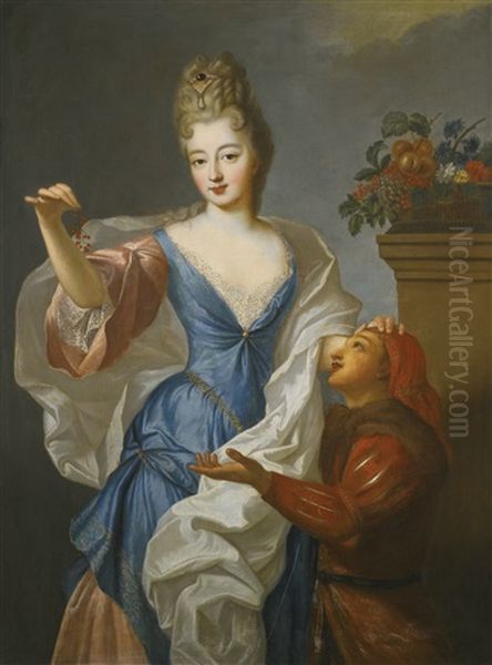 Portrait Of A Lady With Her Jester, Three-quarter Length, Wearing A Blue Dress And Holding A Sprig Of Red Berries Oil Painting by Pierre Gobert