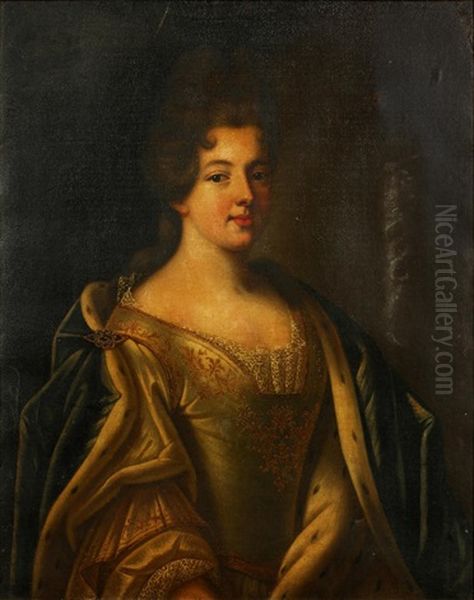 Portrait Of A Noblewoman, Possibly Elisabeth-charlotte De Baviere, Half-length, In A White Dress With A Blue Shawl Oil Painting by Pierre Gobert