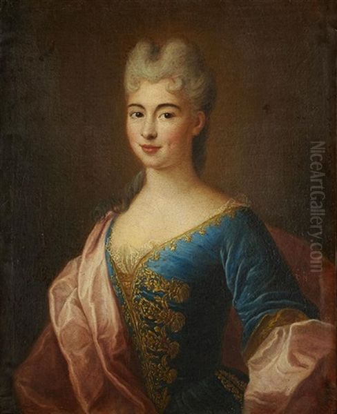 Portrait De Jeune Femme En Robe Bleue Brodee Oil Painting by Pierre Gobert