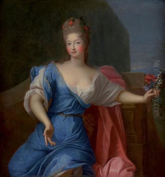 Portrait De Francoise Marie De Bourbon Dite Mademoiselle De Blois Tenant Un Bouquet De Fleurs Oil Painting by Pierre Gobert