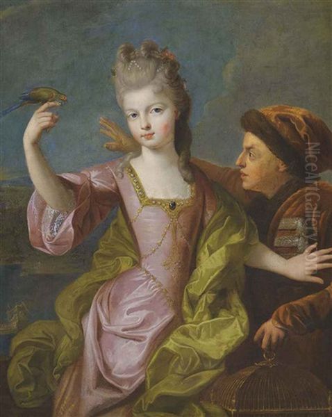 Portrait Of A Young Girl In A Pink Satin Dress Protecting Her Biseleur From A Birdkeeper Oil Painting by Pierre Gobert