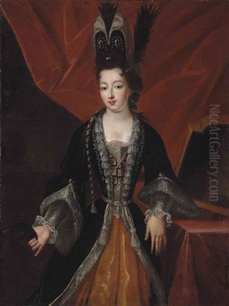 Portrait Of A Lady In Costume, Holding A Mask In Her Right Hand, Before A Red Curtain, In An Interior Oil Painting by Pierre Gobert