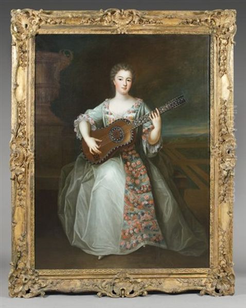 Portrait Pincant De La Guitare (mademoiselle De Charolaix?) Oil Painting by Pierre Gobert