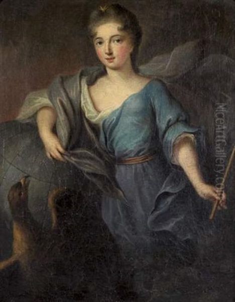 Portrait D'une Jeune Femme De Qualite En Junon, Un Sceptre A La Main, Appuyee Sur Le Globe Terrestre Oil Painting by Pierre Gobert