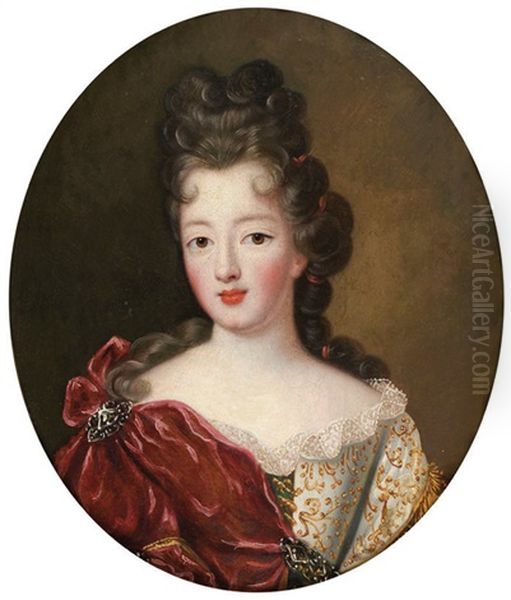 Portrait De Jeune Femme A La Robe Brodee (+ Portrait De Jeune Femme Au Manteau Borde De Fourure; Pair) Oil Painting by Pierre Gobert