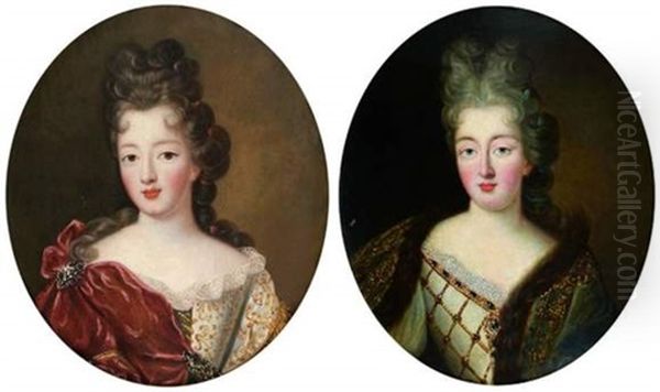 Portrait De Jeune Femme A La Robe Brodee (+ Portrait De Jeune Femme Au Manteau Borde De Fourrure; Pair) Oil Painting by Pierre Gobert