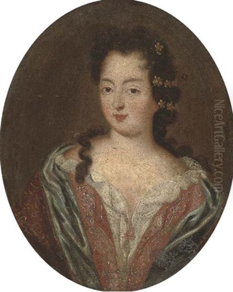 Portrait Of A Lady, The Duchess Of Berwick(?), Half-length, In A Red Dress And Blue Wrap Oil Painting by Pierre Gobert